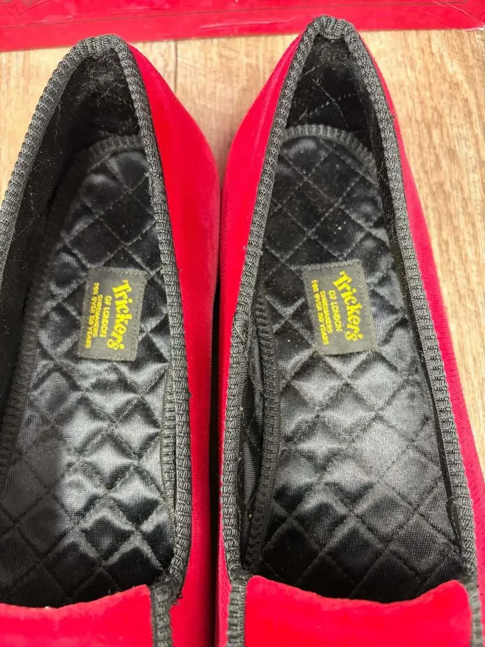 Tricker's London Slippers in Red Velvet w/Gold Rampant Lion Embroidery size 10.5